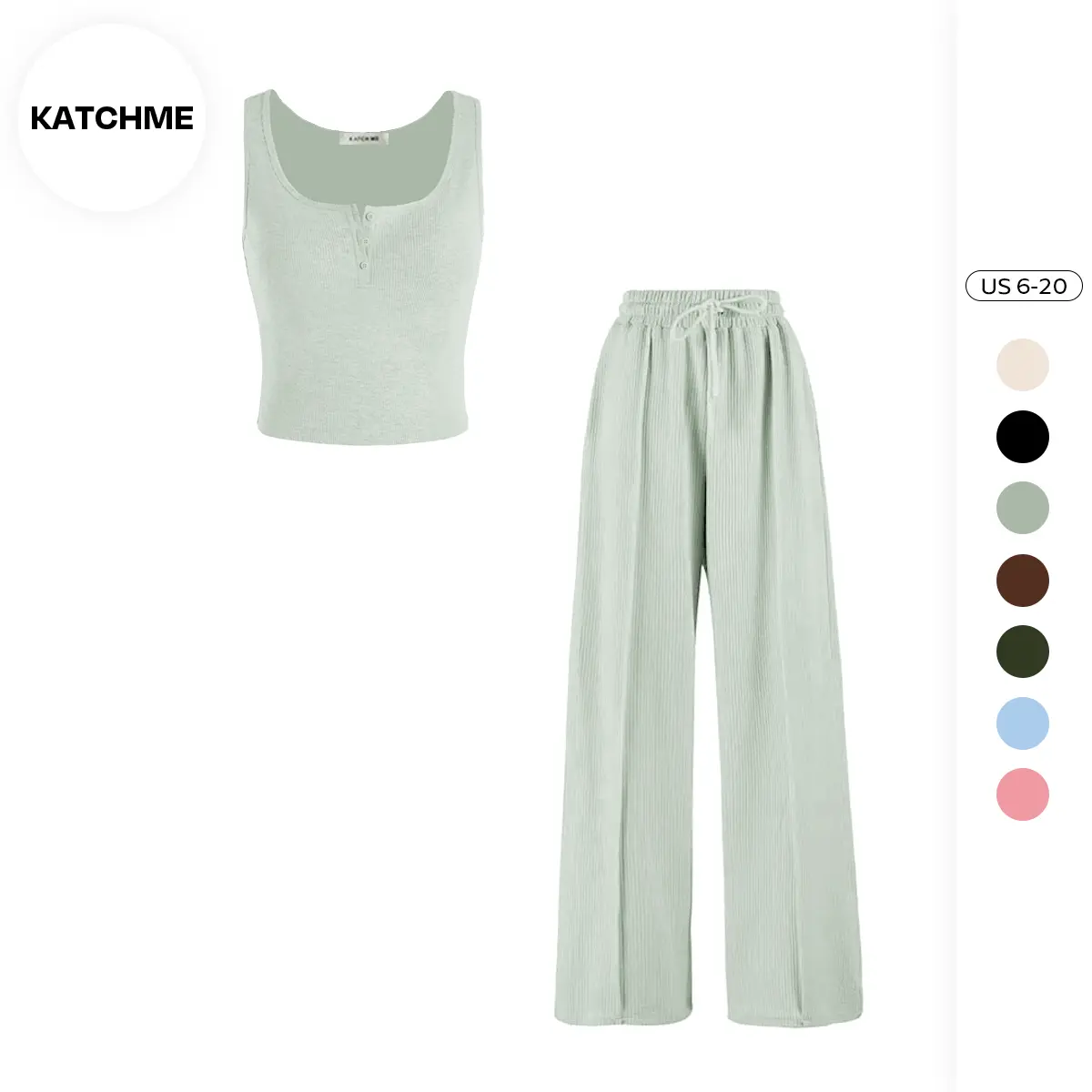KatchMe Casual Womenswear U Neck Sleeveless Crop Top & Elastic Waist Wide Leg Pockets Sweatpants Co-ord,Basic Plain Tank & Drawstring Trousers Set