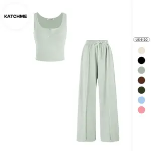 KatchMe Casual Womenswear U Neck Sleeveless Crop Top & Elastic Waist Wide Leg Pockets Sweatpants Co-ord,Basic Plain Tank & Drawstring Trousers Set
