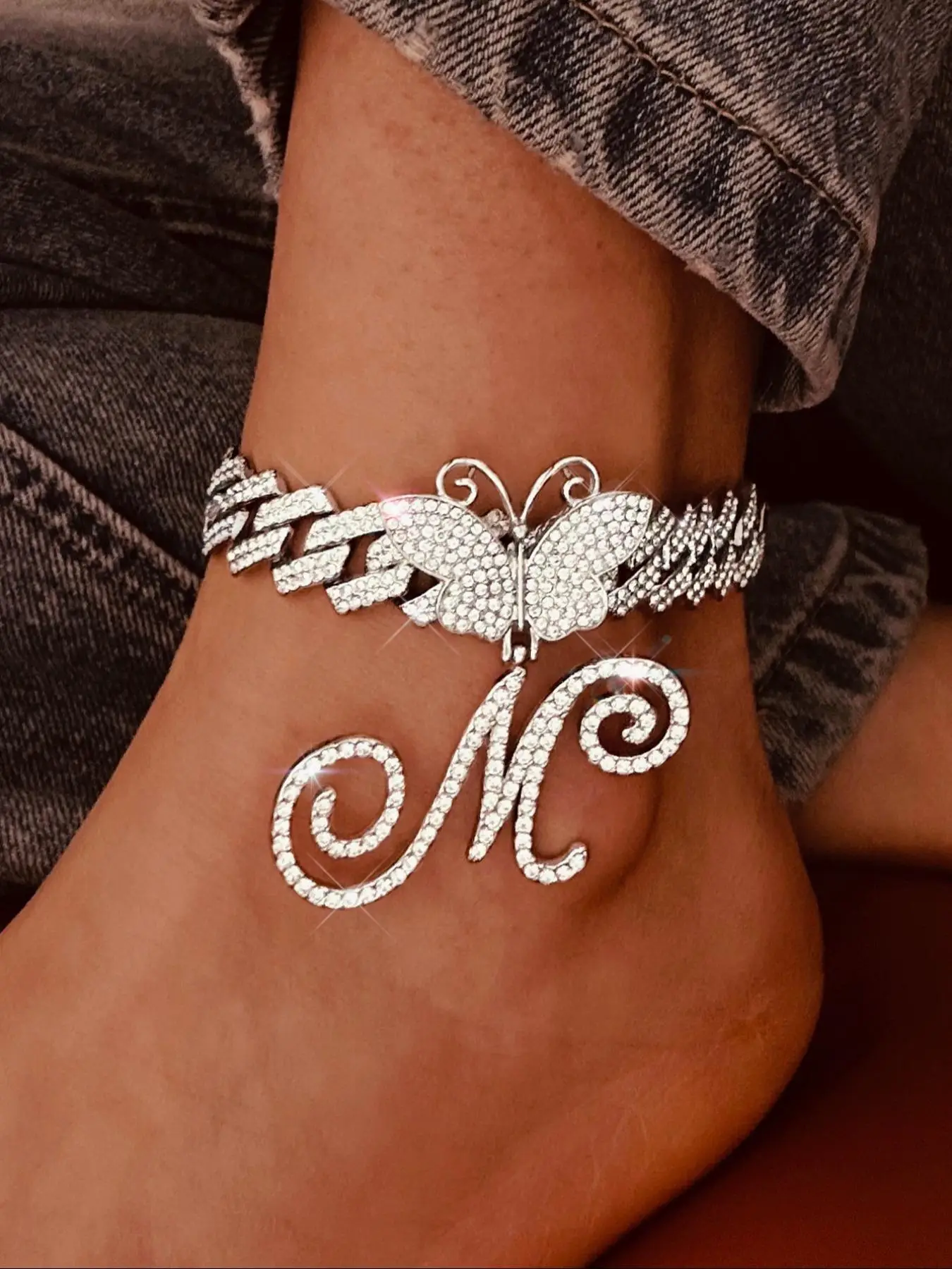 Rhinestone Butterfly & Letter Decor Cuban Chunky Chain Link Anklet for Women & Girls, Charms Ankle Bracelet Summer Style Jewelry, for Birthday Gift Ba