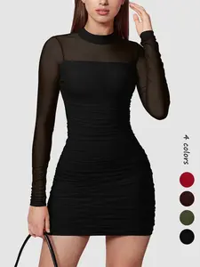 Women's glitter mesh semi-transparent long-sleeved pleated mini dress, sexy and slimming style, high neck design, suitable for cocktail parties or club gatherings
