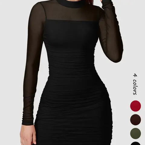 Women's glitter mesh Sheer semi-transparent long-sleeved pleated ruched mini dress, sexy, slimming, feminine, Elegant ruched design, Elegance and Fitted style, high neck design, suitable for cocktail parties or club gatherings