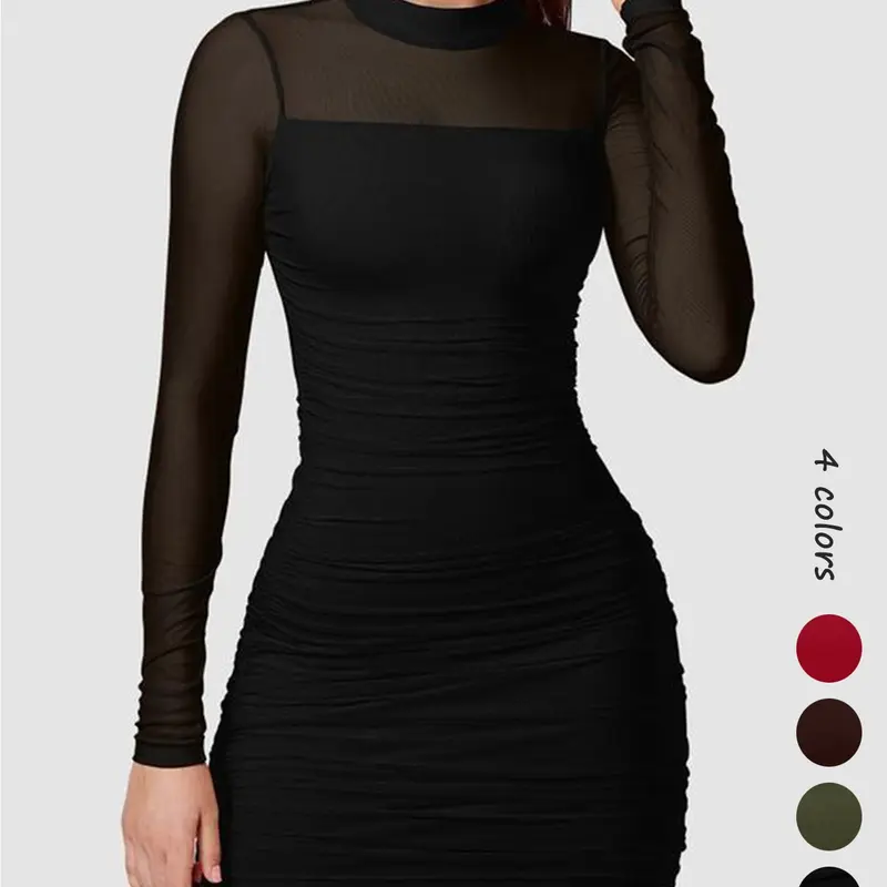 Women's glitter mesh Sheer semi-transparent long-sleeved pleated ruched mini dress, sexy, slimming, feminine, Elegant ruched design, Elegance and Fitted style, high neck design, suitable for cocktail parties or club gatherings