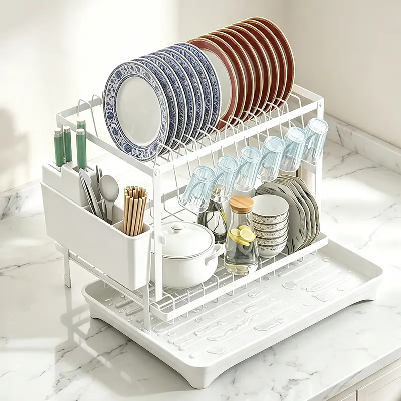Rustproof Kitchen Counter Organizer with Cutlery Cup Holders, Draining Tray - Multifunctional Dish Drainer for Kitchen Storage