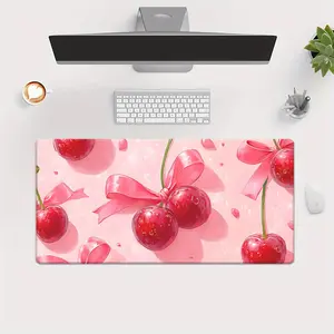 1pc XXL Large Cherry & Pink Bow Tie Gaming Desk Mat - Non-Slip Rubber Base & Surface, Pink Cherry Blossom PC Computer Keyboard Mouse Pad for Office, PC Gamers,, - Cute Workspace Accessory Gift
