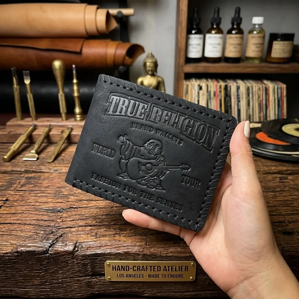 Men's Black Leather Bifold Wallet Vintage Braided Edge Biker Pocket Wallet Y2K Streetwear Card Holder Gift for Him