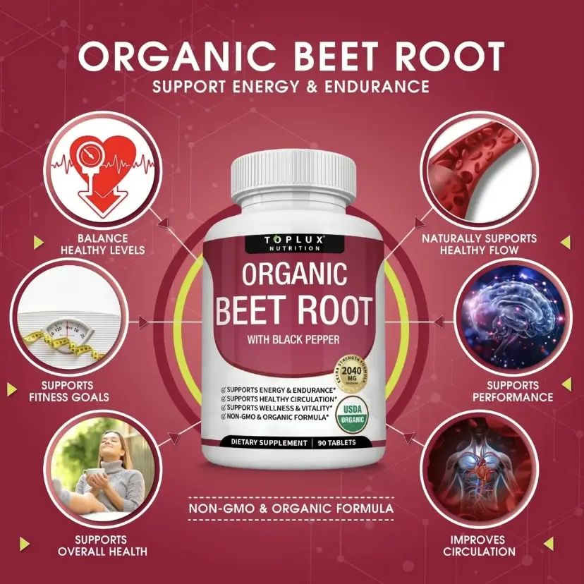 Flash Sale: 1 Toplux Organic Beet Root Tablet Bottle, 2040mg High-Strength Nitric Oxide Booster Supplement, Supports Healthy Blood Flow, Heart Health & Workout Endurance, Natural Beetroot Extract Dietary Vitamin Fitness Pills