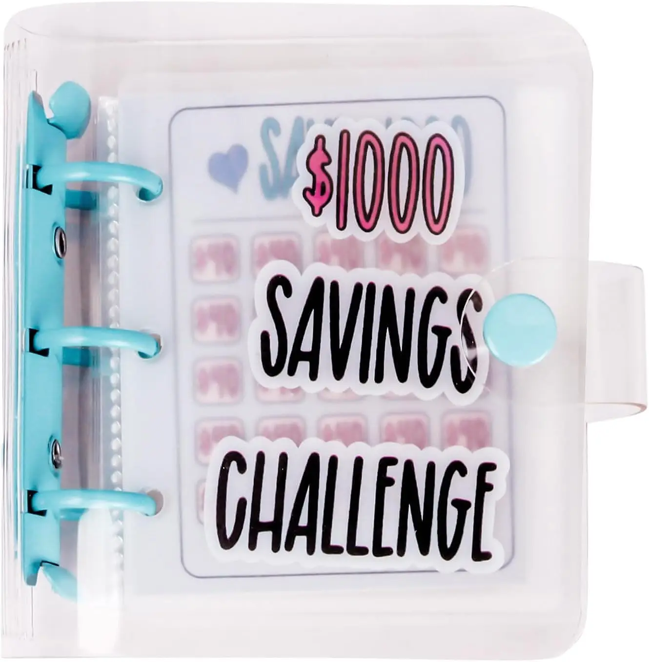 $1000 saving challenge book with clear cover，Mini Portable Budget Binder, 1 Count Saving Money Budget Planner, Savings Binder Cash Storage Stuffing Bi