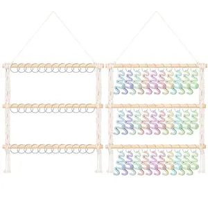 Macrame Hair Claw Clip Organizer with 30 Metal Rings, Hair Clip Holder and Storage for Women Girls,Claw Clips Hanger  Decor for Wall,Door,Closet