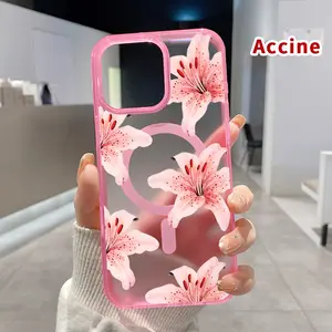 Pink Lily Grace Pattern Magnetic Phone Case for iPhone 15 16 14 Pro Max 13 12 11 XR XS Plus E Clear Crystal Drop-proof Slim Silicone Shockproof Transparent Protective Cover Supports Wireless Charging