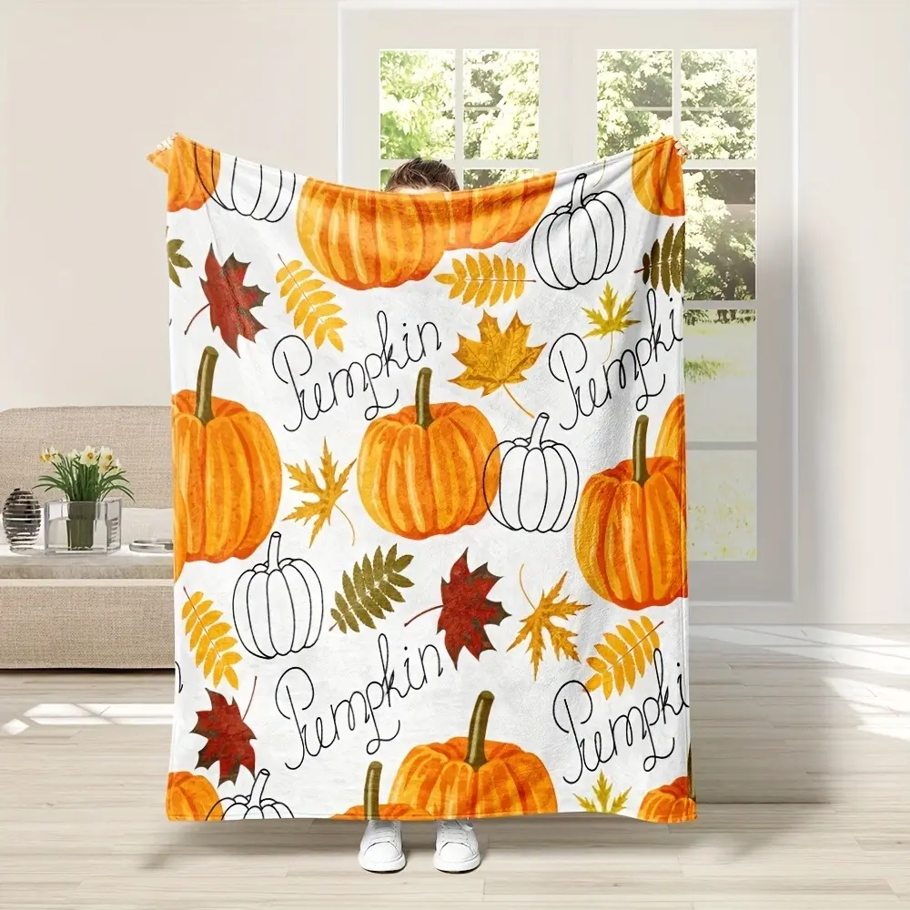 Watercolor Fall Pumpkin & Maple Leaves Durable Flannel Throw Blanket - Soft, Cozy, Warm Fuzzy Plush, Farmhouse Rustic, Ideal Thanksgiving Gift for Women, Bedroom Sofa Decor