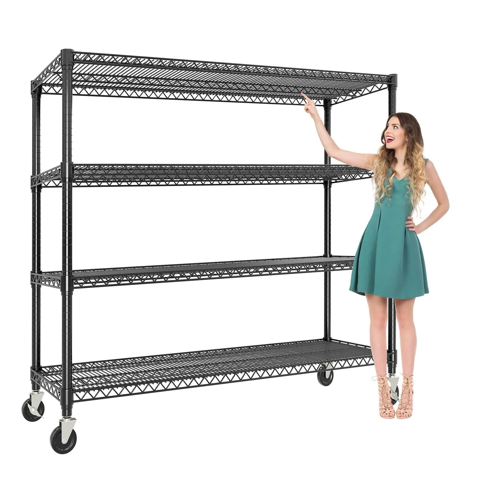 2640 lbs Capacity Mobile Storage Shelving, 4-Tier Adjustable Metal Garage Shelves with Wheels and Feet, Wire Shelving Units for Garage, Commercial, and Industrial Use