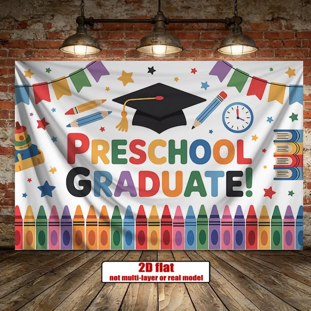 1pc Polyester 2D Flat Preschool Graduation Banner, Happy Birthday Party Backdrop Photo Prop, Home Wall Decoration (Home & Festive Party Supplies)