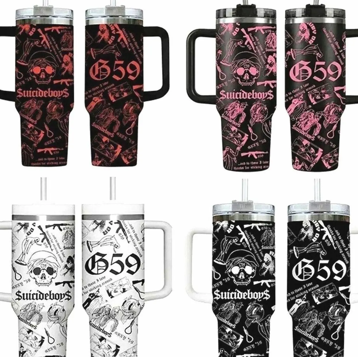Collection SuicideboyS G59 Skull Aesthetic 40oz Tumbler With Handle, Underground Rap Merch Cup, Dark Trap Goth Style Travel Mug, Flasks Gift For Grey Five Nine Fan ,Muticolor Collage Design Stainless Steel Insulated Tumbler For Music Fans