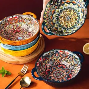 Boho Style Ceramic Bowl Set, 4 Counts/set Large Capacity Salad Bowl with Handle, Mixing Bowl, Dessert Bowl, Kitchenware for Home Use, Ceramic Salad Bowls