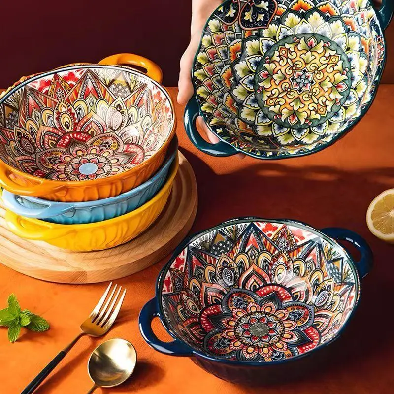 Boho Style Ceramic Bowl Set, 4 Counts/set Large Capacity Salad Bowl with Handle, Mixing Bowl, Dessert Bowl, Kitchenware for Home Use, Ceramic Salad Bowls, Ceramics Tableware, Serving Bowls, Fruit Salad Bowls