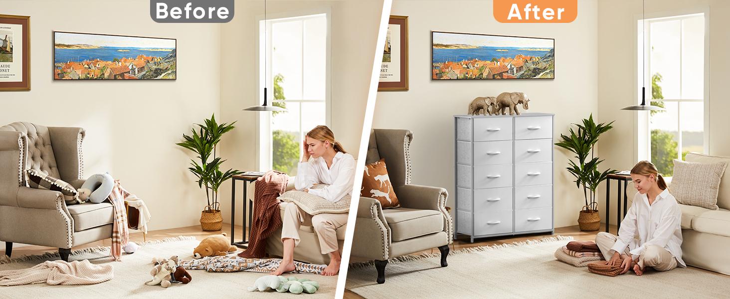 【Deal】Cupboards Cabinets Dresser - Fabric Storage Tower with 10 Drawers, Bedroom Organizer, Chest of Drawers with Fabric Bins