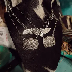 Tooled Leather Necklace Silver with Leaf Design and Initials B & A Jewelry Accessory
