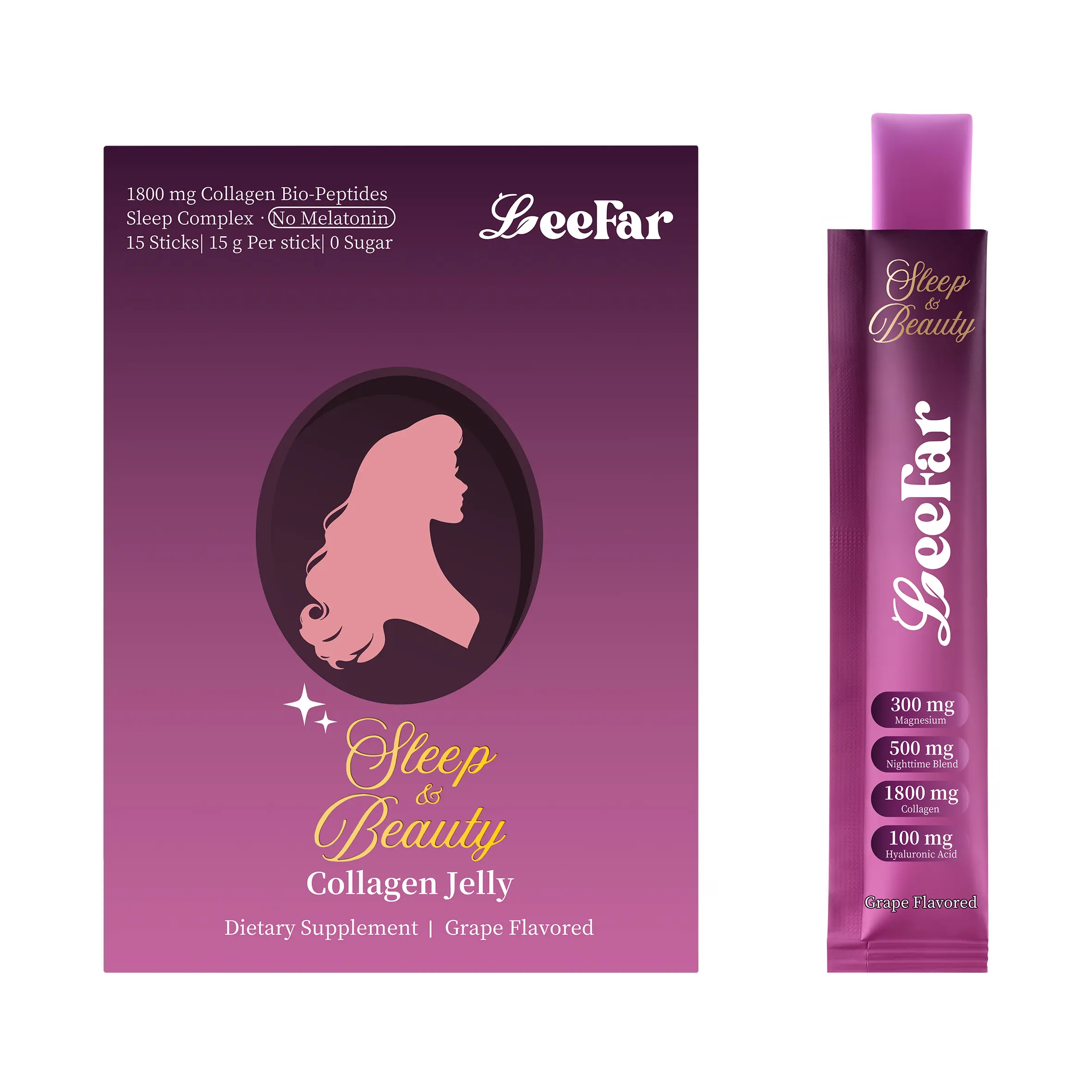 LeeFar Sleep & Beauty Collagen Jelly – 1800mg Bio-Peptides Collagen + Nighttime Blend | Magnesium Glycinate, L-Theanine, Hyaluronic Acid | Restful Sleep, Skin Elasticity & Hydration, Collagen Formation for Hair, Skin & Nails | Grape Flavor |15 Stick Packs