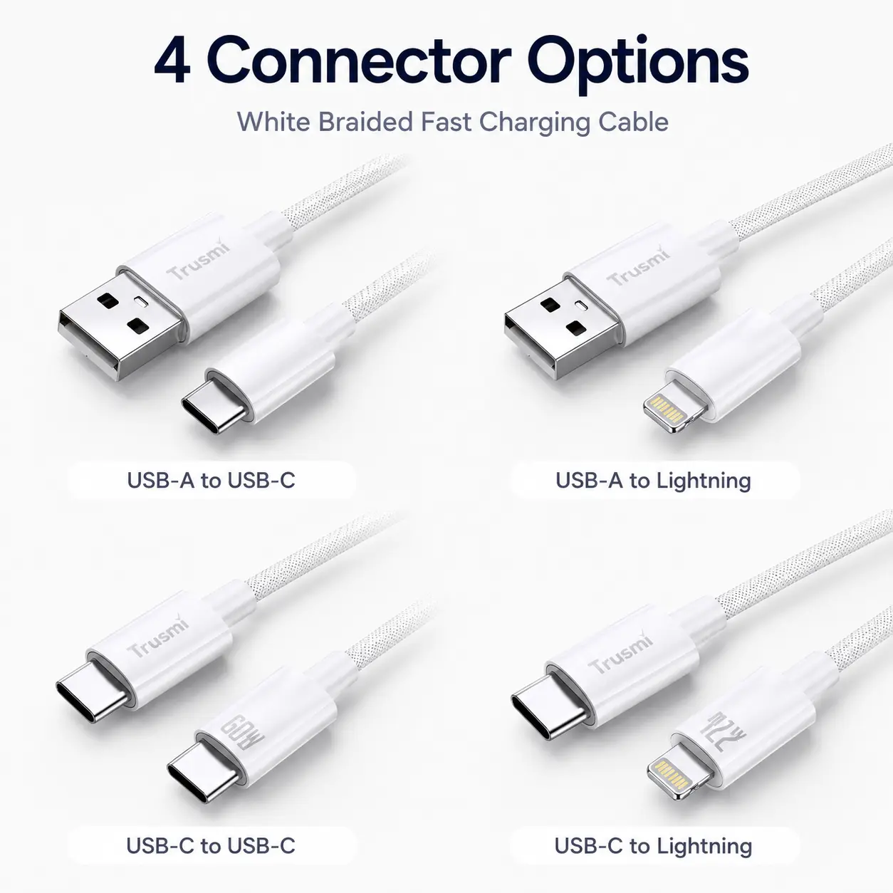 1M White Braided Charging Cable – 4 Connector Options