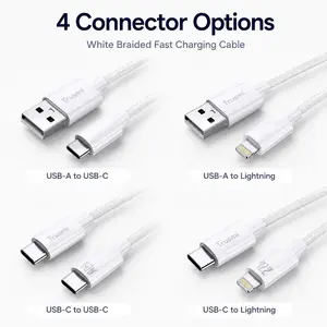 1M White Braided Charging Cable – 4 Connector Options