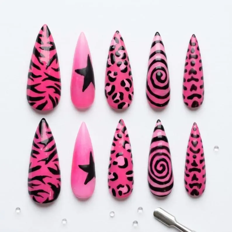 Neon Hot Pink Stiletto Press on Nails Animal Print Fake Nails