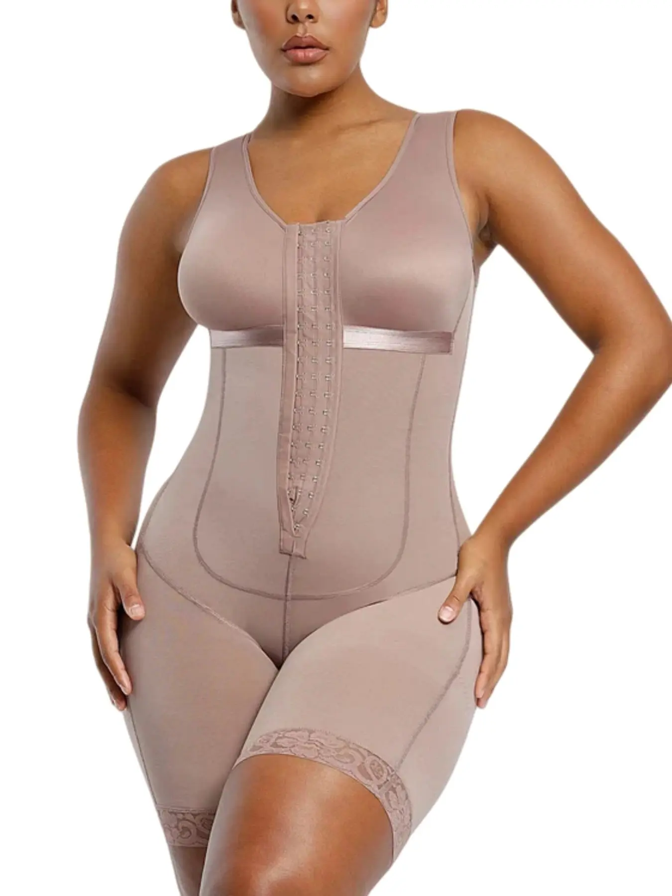 1 Count Women's Butt Lifting Tummy Control Bodysuit, High Compression Shapewear, Fajas, Colombian Shapewear, Lace Anti Slip Trim Full Body Shaper, Tummy Tuck Shaper, Adjustable Hooks Jumpsuit with Open Crotch Closure, Daily Wear & Training