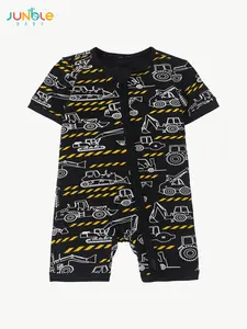 JUNBLEBABY Baby Bamboo Fiber Double-Zipper Hoodie in Black with Excavator Print One-Piece Climbing Suit with Detachable Foot Covers