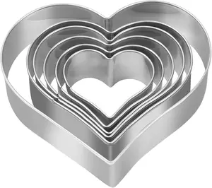 Sturdy Smooth Metal 6-Piece Stainless Steel Heart Cookie Cutter Set - Bake Kitchenware Baking Utensils in 3.8in, 3.2in, 2.8in, 2.6in, 2.2in, 1.8in Sizes for Biscuits, Pastries