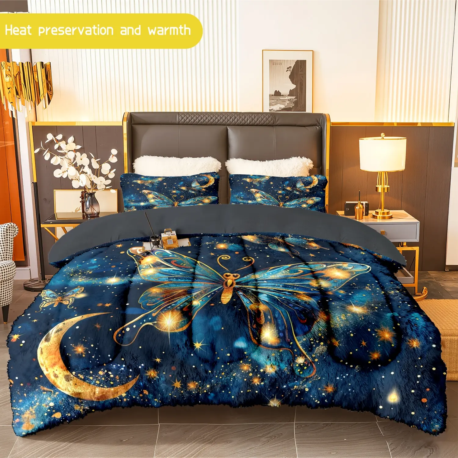 3pcs (1 comforter + 2 pillowcases) Butterfly - Starry Night Flannel & Milk Velvet Comforter Set, Soft Warm Cozy Bedding Set for Adults, Trendy Milk Velvet Quilt Set, Bedding Essentials