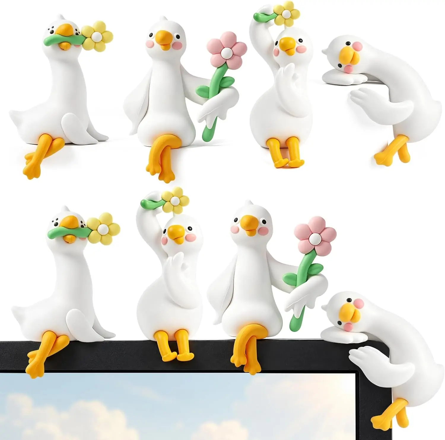 MasonLife 4Pcs Goose Computer Monitor Decor, 4Pcs Funny Resin Desk Decor with 1 Sticker