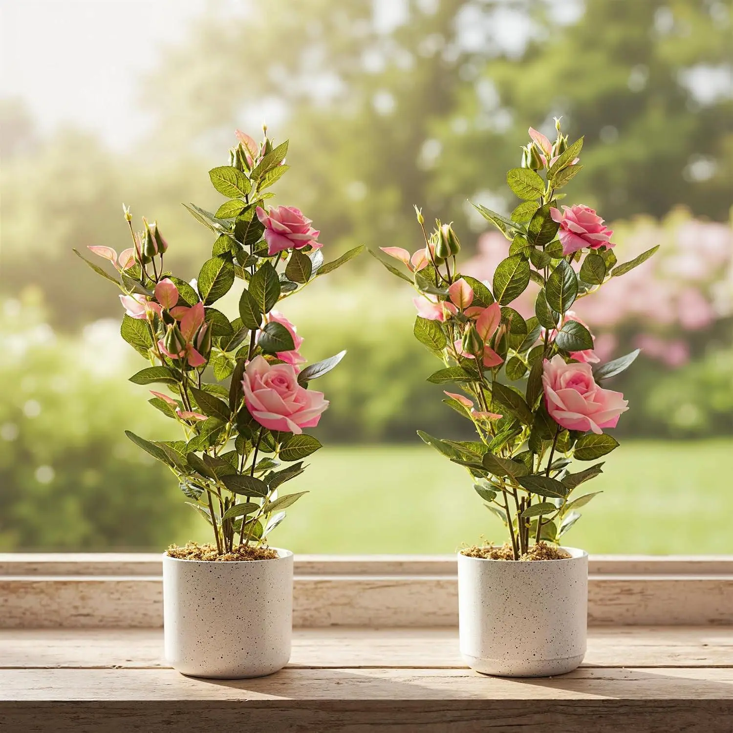 GARVEE 2-Pack Fake Rose Flower Arrangement in Vase, 21.3" Tall Stems with 13 Silk-Like Blooms, Pink Artificial Plants for Indoor-Outdoor Decor