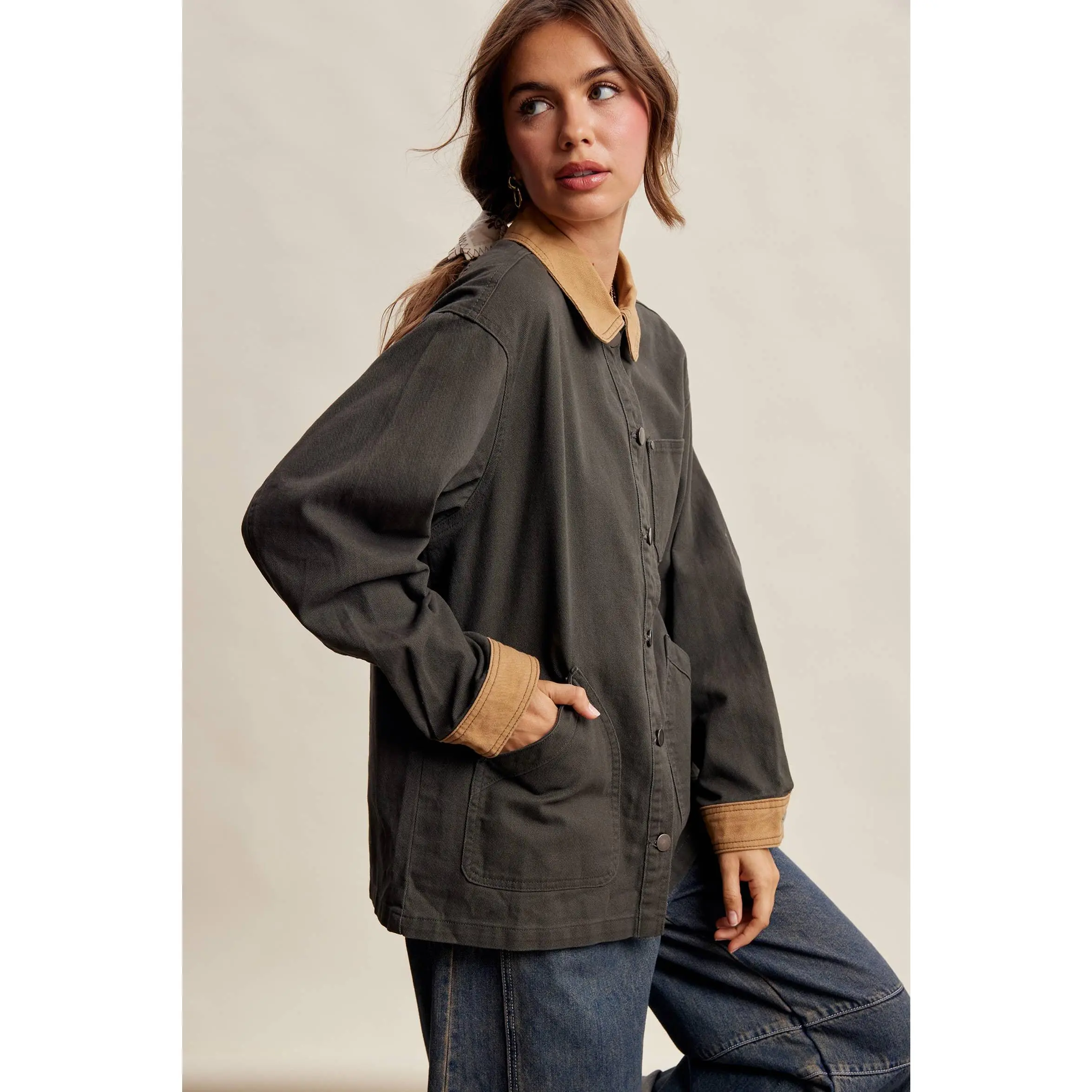 Listicle | Contrast Collar Utility Barn Jacket LJ0271