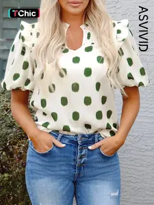 Women's Elegant Polka Dot Print Shirred Yoke Notched Neck Balloon Sleeve Blouse, Fitted Casual Blouse for Daily Wear