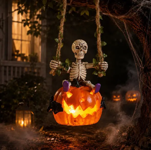 Halloween Swinging Skeleton Light-Up Pumpkin Figurine - Handcrafted Resin Jack-O'-Lantern Prop, Spooky Decorative Pumpkin Skull Swing for Outdoor Home Improvement Garden Decor lawn statue