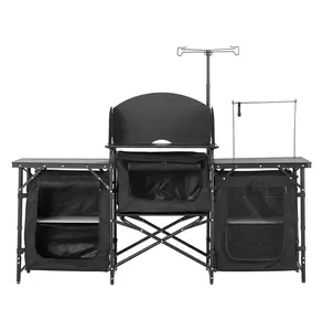 Camping Kitchen Table, Outdoor Camp Cook Station, Portable Aluminum Table with Storage & Windscreen, Quick Setup for BBQ, Picnic, RV, Black Basic Type Black Table Top