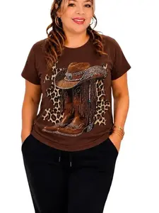AE ALMA EDELIA'S DISEÑOS A TU ESTILO Women's Stylist Cowgirl Hat with Boots-Themed Rhinestone T-Shirt, Womenswear Top, Style #23105 Shortsleeve