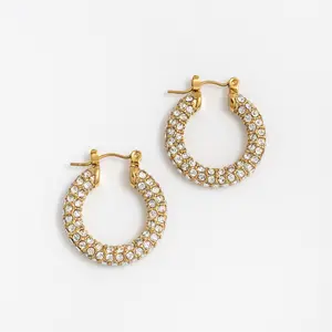 Gold Diamond Hoop Earrings Gold Plated Stainless Steel with Sparkling Rhinestones for Everyday Wear