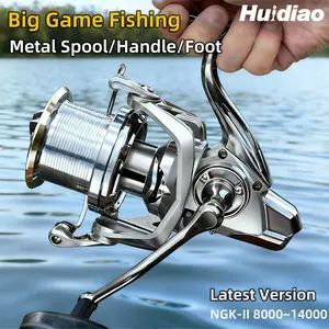 Huidiao NGK-II Ultra-tough Spinning Reel All Metal Spool/Handle/Foot 25KG/55LB Powerful Drag Long Distance Casting Reel 6+1 Double Shielded Bearigns 4.8:1 Gear Ratio 8000-14000 Series Saltwater Casting Reels for Surf & Offshore Fishing