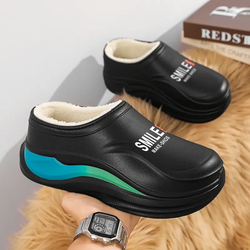 Men's Winter Fleece Lined Clogs, Waterproof EVA Slip On Warm House casual Slippers, Color Block Thick Platform Non-Slip Shoes, Comfort Closed Back Indoor Outdoor Footwear for Cold Weather indoor-outdoor use Slip-Ins men's fashion slippers