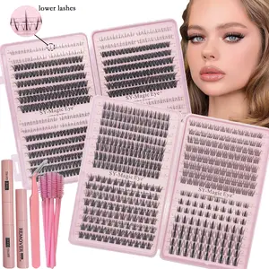 2-Box Pack Lash Extension Kit,768 ~ 992 Pcs, DIY Eyelash Extension, D Curl(Spike Lash 50D+60D+Bottom Lashes)8-16mm - Includes Lower Lashes False Eyelashes, Glue, Remover, Tweezers And Brush, Thick Fake Lashes Cosmetic Makeup For Professional, Daily