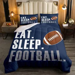 Rugby Comfortable Bedding,Football Sports Luxury Bedding Set,Blue Eat Sleep Football Comforter Set,Ball Games Designer Bedding Sets