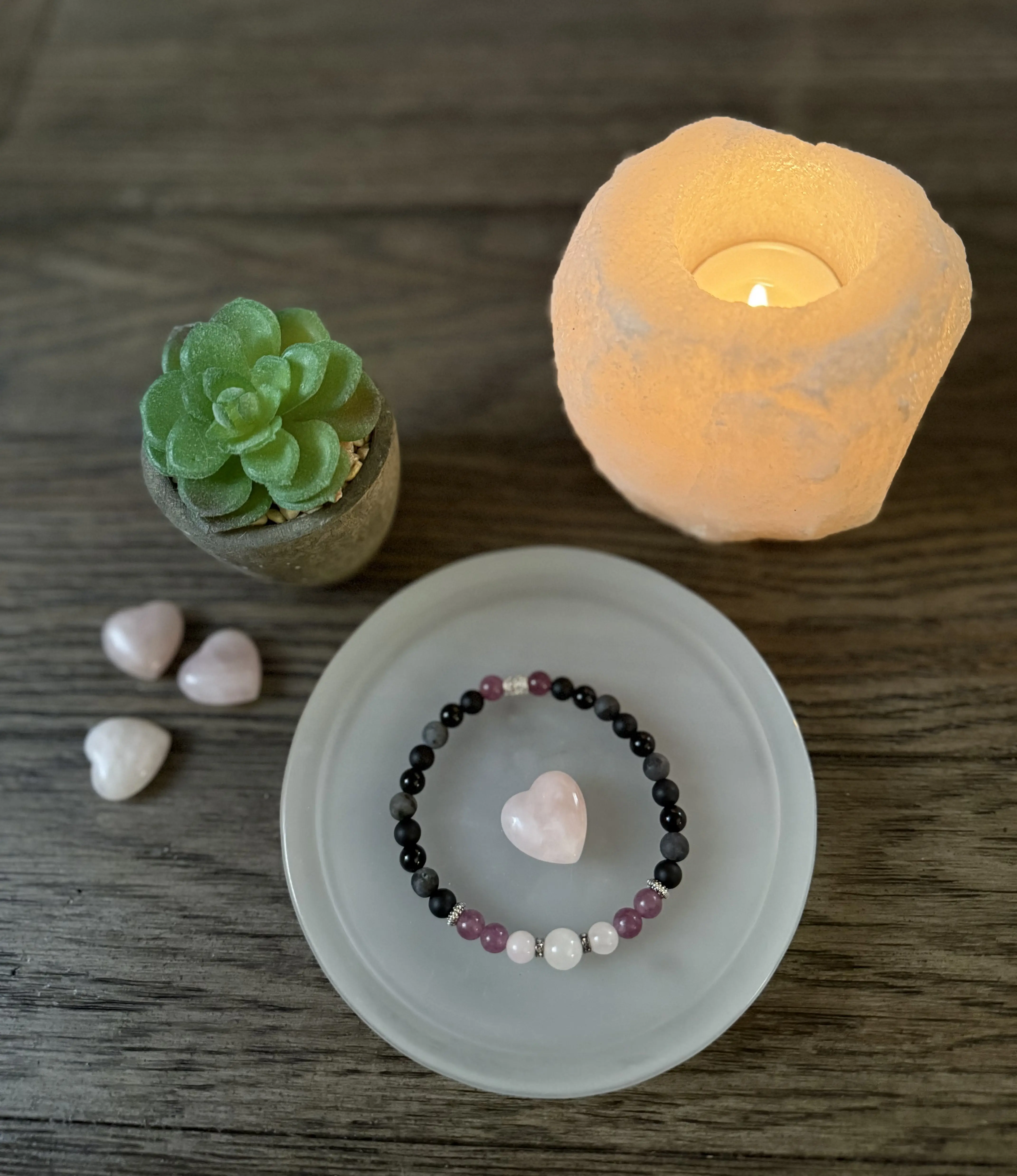 ANXIETY SUPPORT Reiki-Infused Healing Bracelet: 6mm Rose Quartz, Lepidolite, Onyx, Larvikite Natural Crystal Beaded Bracelet, Gemstone Jewelry