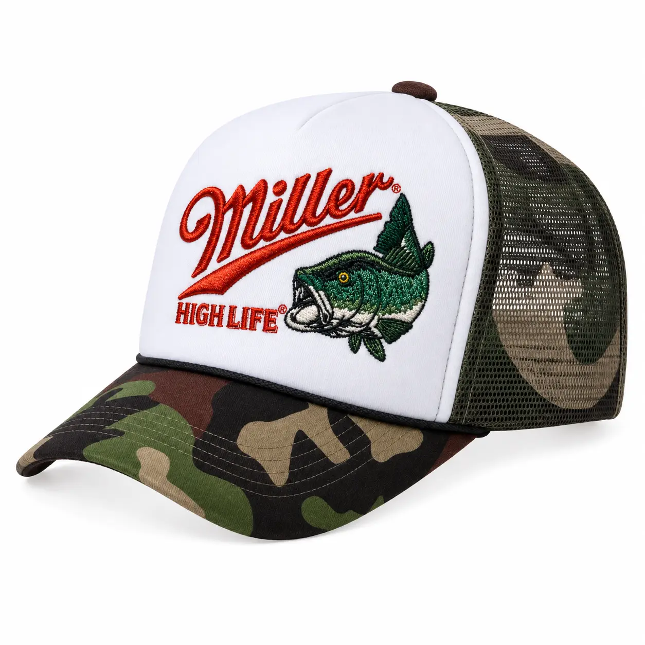 Miller High Life Bass Fishing Trucker Hat, Embroidered Largemouth Bass Camo Mesh Cap, Vintage Beer Fishing Hat for Anglers, Lake Life and Outdoor Men