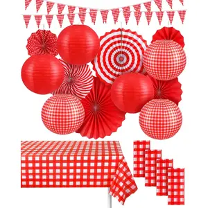 18 Pcs Red Gingham Party Supplies Include Checkered Gingham Pennant Banner Hanging Paper Fans Round Lanterns Plastic Disposable Tablecloth for Birthday Dinner Picnic BBQ Party Supplies