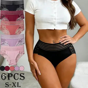 Women's Minimalist Ice Silk Seamless Underwear for Women - 6PCS Random Solid Color Triangle Briefs with Striped Belt, Hollow Sexy Lace, Butt-Lifting, Hip-Fitting, Skin-Friendly, Breathable