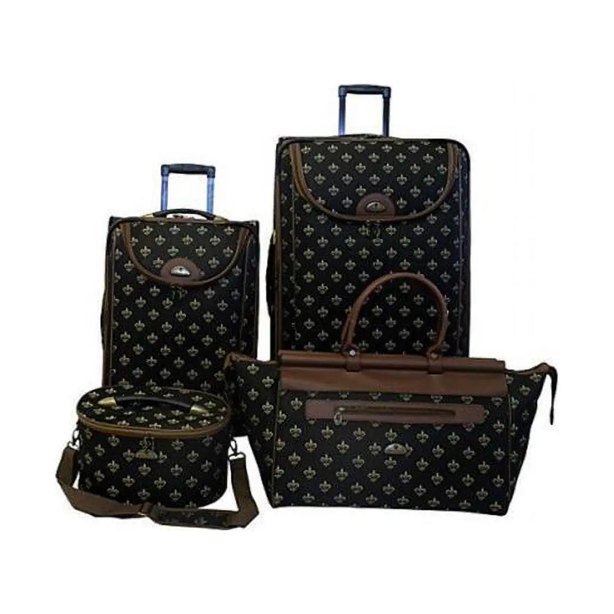 American Flyer Classic Fleur De Lis 4-Piece Luggage Set, Black 600D Polyester, Expandable with Inline Skate Wheels, Shoe Pockets & Organizing Zippered Mesh Pocket, Travel Packing