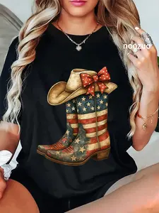 100% Cotton Unisex Retro Western Cowboy Boots Cowgirl American Flag 4th Of July T-Shirt Casual Top