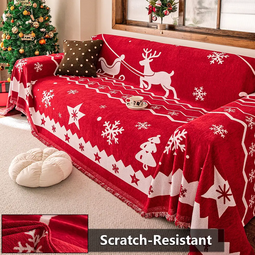 Christmas Snowflake Design Chenille Red Stretch Sofa Cover with Christmas Tree Reindeer Patterns, Fashionable Style, Scratch-Resistant, Stain-Resistant Pet-Friendly Sofa Slipcover, Christmas Gift, Fits 1-4 seater sofas,Machine Washable