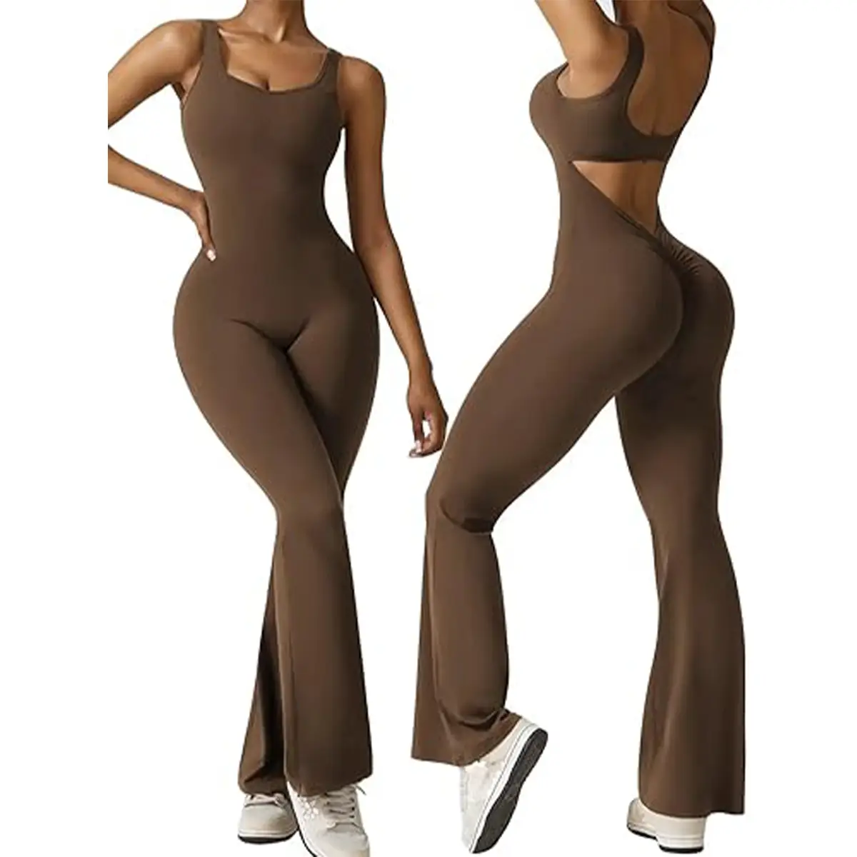 Women's Plain Cut Out Sports Jumpsuit, Sporty Square Neck Ruched Flare Leg Jumpsuit, Sports Fitness Bodysuit Jumpsuit for Women, Ladies Sportswear, Gy