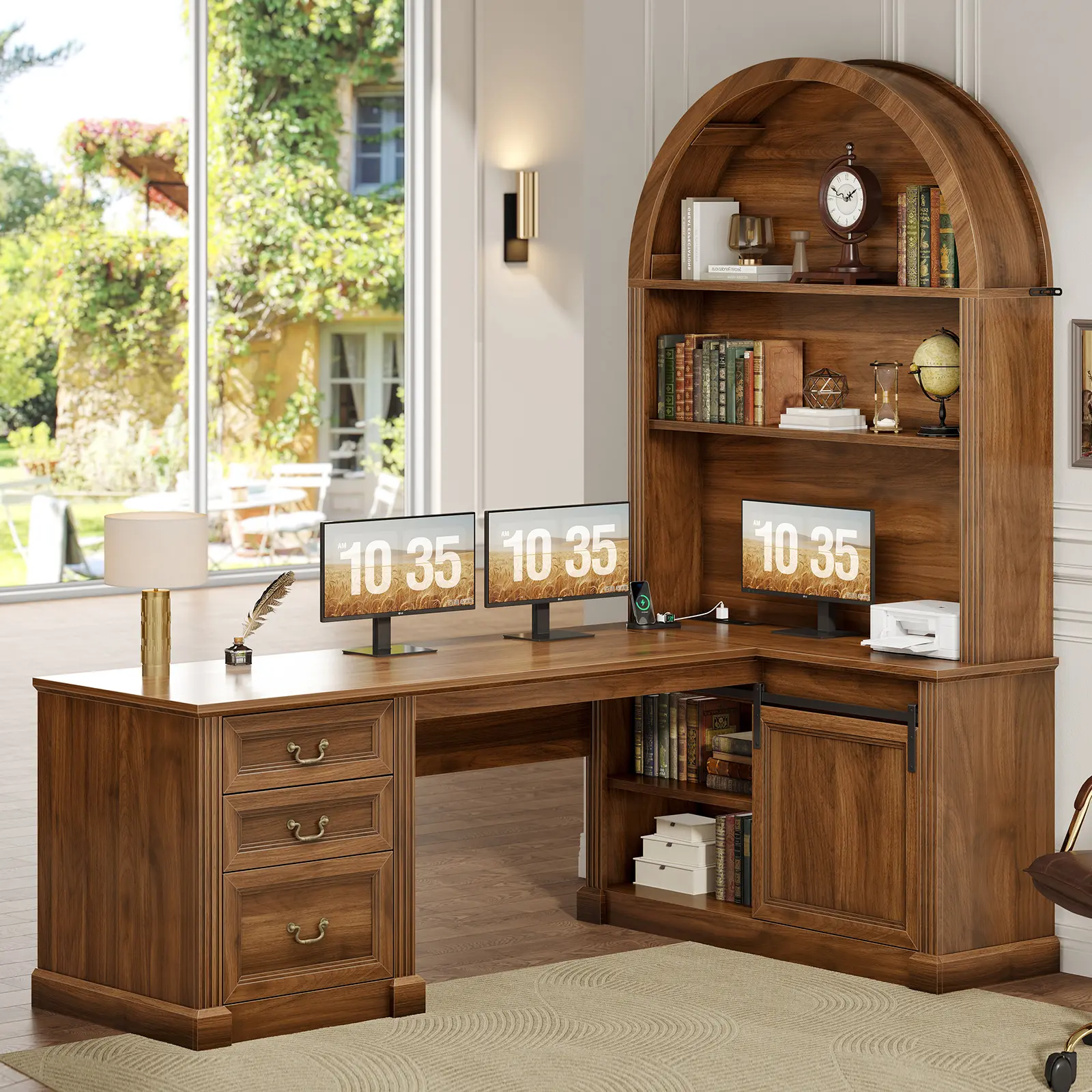 Sedeta 67" Modern L-Shaped Corner Wood Workstation - Sturdy Computer Desk, Large PVC Surface, 3 Storage Drawer Platforms (1 File Drawer), Tall Arched Bookshelf, Sliding Barn Door, Ideal for Corner Desk Setup & Home Decor